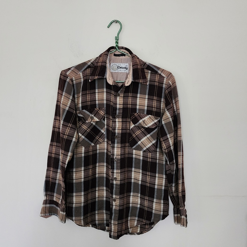 Vintage Grizzly Plaid Flannel Shirt Small Brown Tan Long Sleeve Button Up Grunge